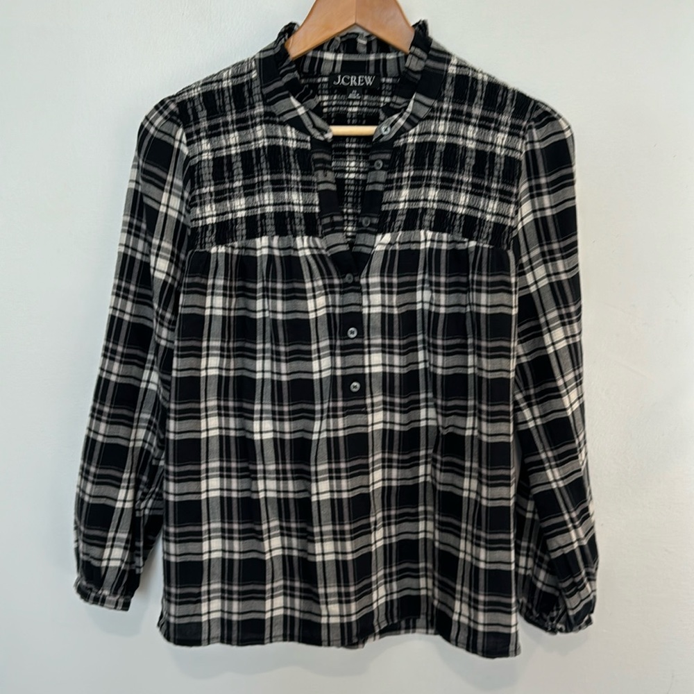 J.Crew Smocked Half Button Down Blouse